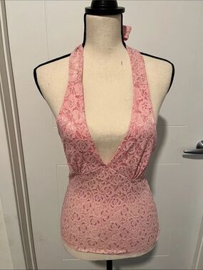 Y2K Wet Seal Pink Halter Lace Deep V Neck Top 2000’s